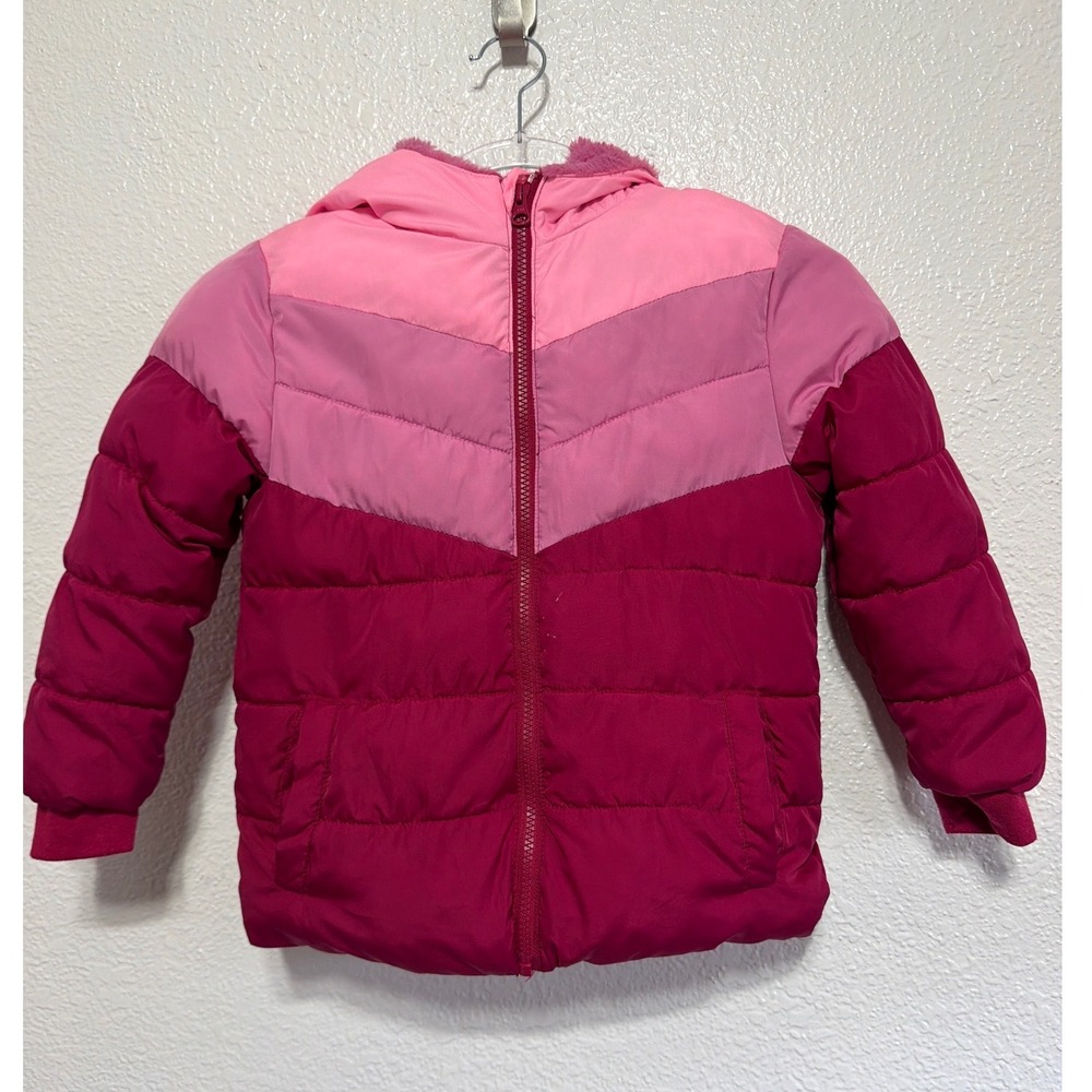 Swiss Tech Girls Pink Ombre Chevron Puffer Jacket Faux Fur Lined Hooded 5T